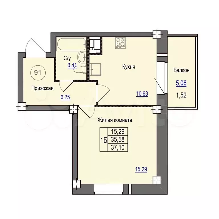 1-к. квартира, 37,1 м, 4/9 эт. - Фото 0