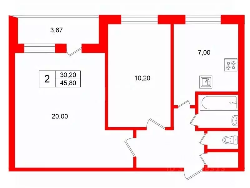 2-к кв. Санкт-Петербург Купчинская ул., 20К2 (45.8 м) - Фото 2