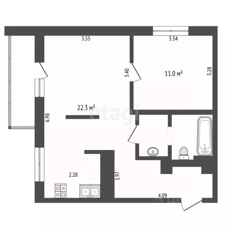 1-к кв. Тюменская область, Тюмень ул. Ю.-Р.Г. Эрвье, 24к1 (44.4 м) - Фото 1