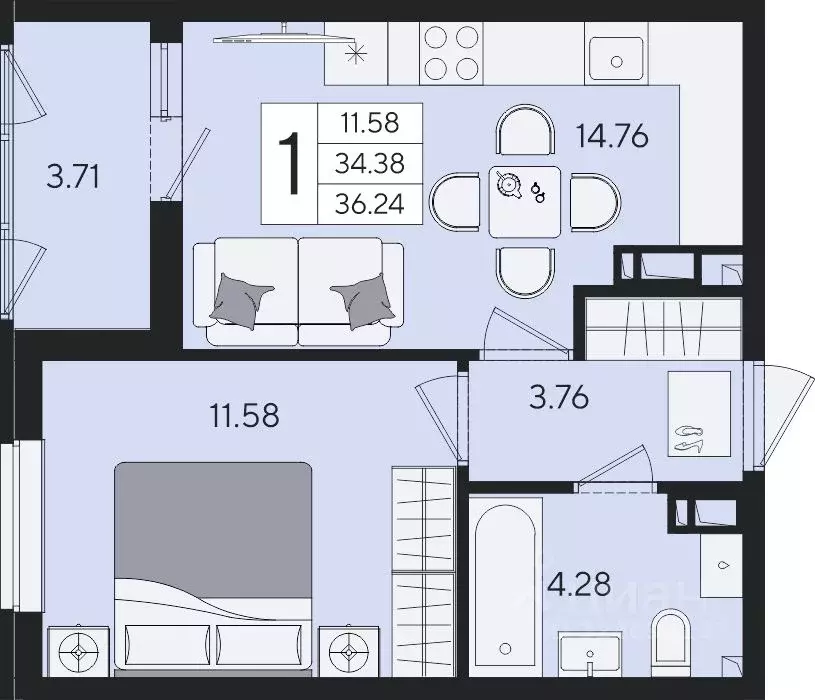 1-к кв. Краснодарский край, Краснодар  (36.24 м) - Фото 2