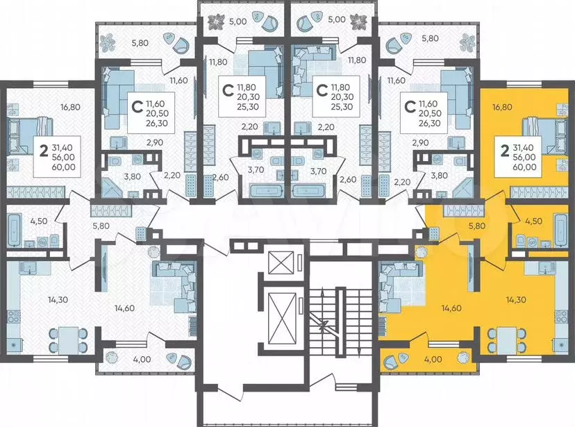 2-к. квартира, 60 м, 2/16 эт. - Фото 1