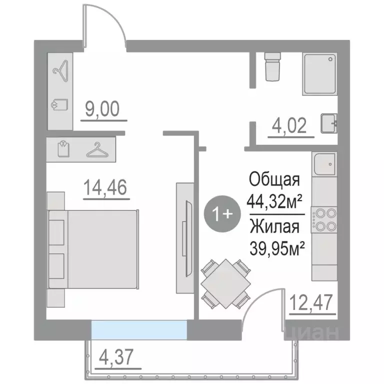 1-к кв. Тюменская область, Тюменский район, с. Кулаково  (44.32 м) - Фото 0