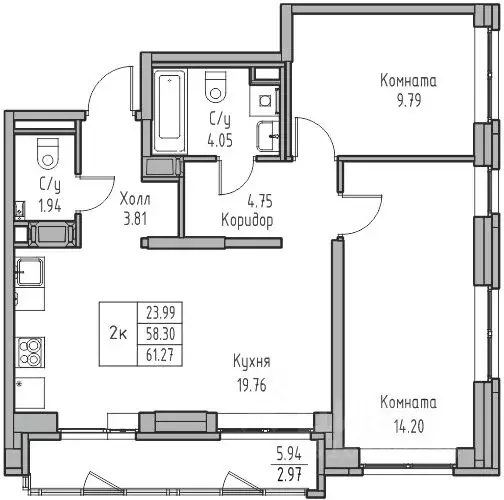 2-к кв. Санкт-Петербург ул. Ивинская, 1к4 (61.27 м) - Фото 1