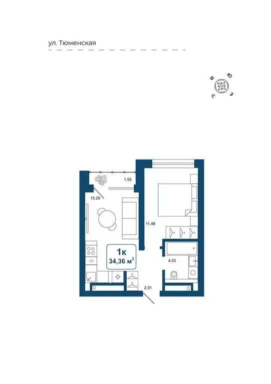 1-комнатная квартира: Дударева, ЖК Родина-2 (34.36 м) - Фото 0