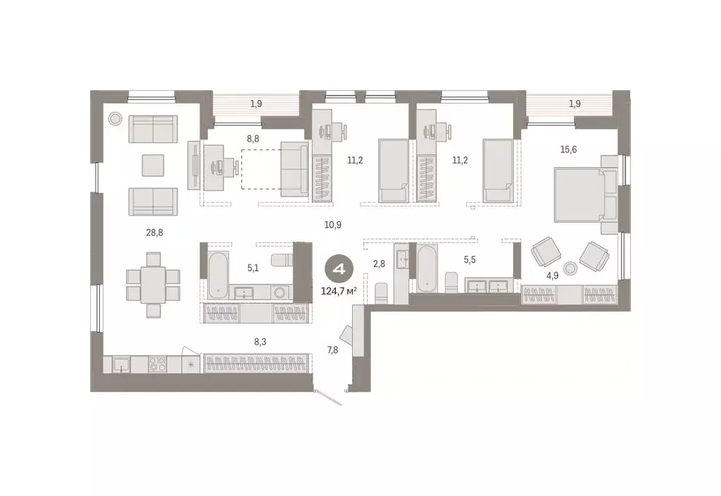 4-комнатная квартира: Тюмень, улица Республики, 205к1 (124.71 м) - Фото 1