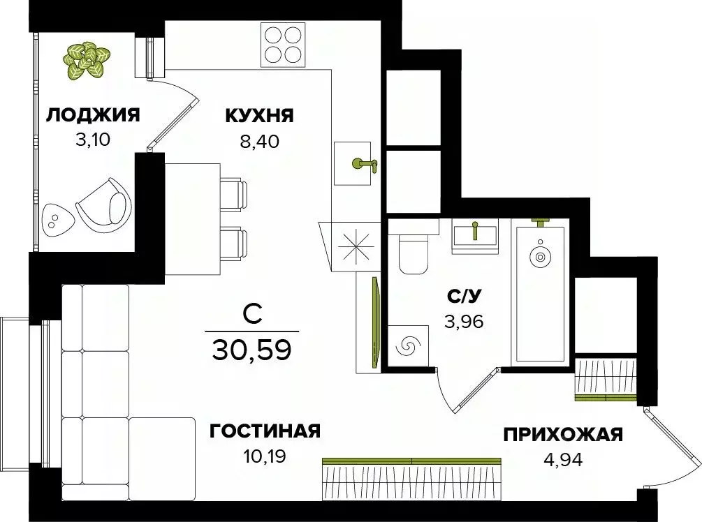 Студия Тульская область, Тула  (30.59 м) - Фото 0