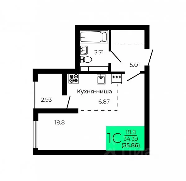 Студия Воронежская область, Воронеж Оникс жилой комплекс (35.86 м) - Фото 1