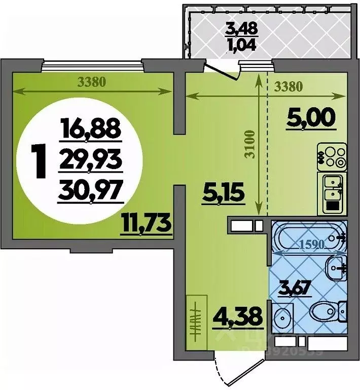 Студия Адыгея, Майкоп  (30.97 м) - Фото 1