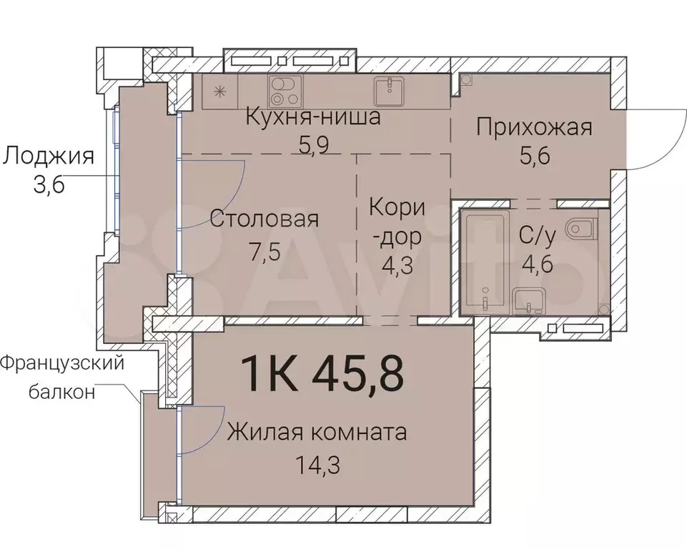 1-к. квартира, 45,8 м, 4/25 эт. - Фото 0