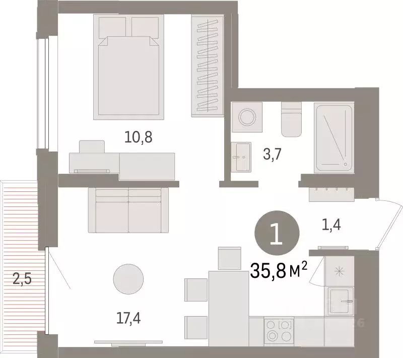 1-к кв. Липецкая область, Липецк пл. Петра Великого, 1 (35.8 м) - Фото 1