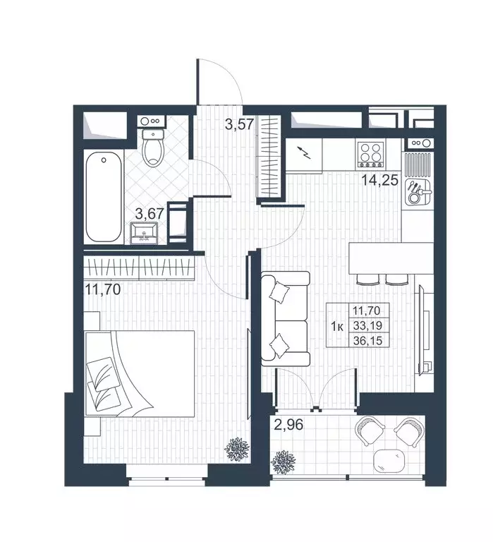 1-комнатная квартира: Коммунар, массив Ижора (34.67 м) - Фото 0