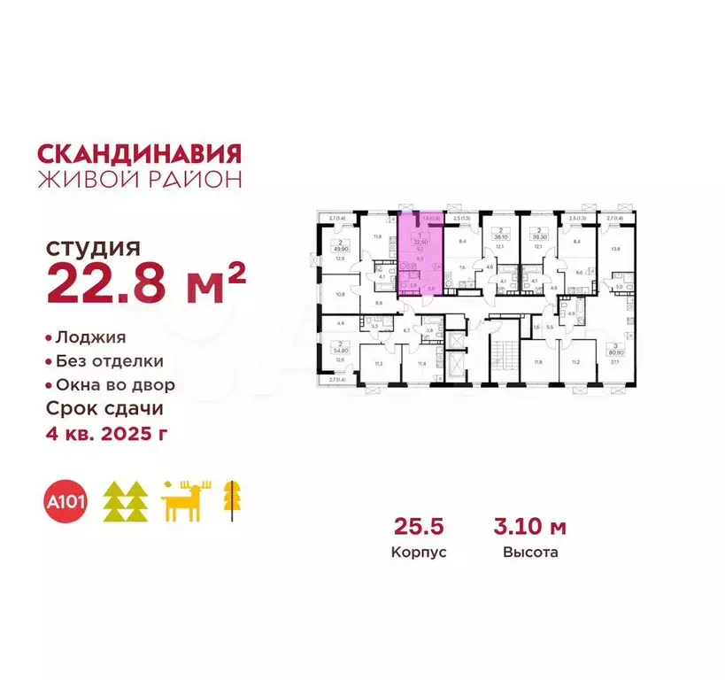 Квартира-студия, 22,8 м, 8/12 эт. - Фото 1