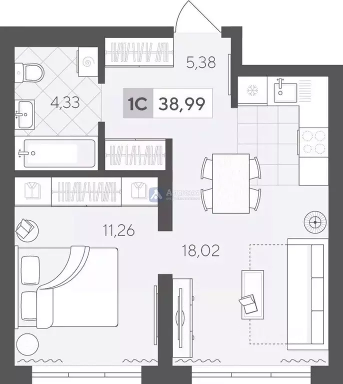 1-к кв. Тюменская область, Тюмень ул. Сергея Корепанова, 34 (38.99 м) - Фото 2