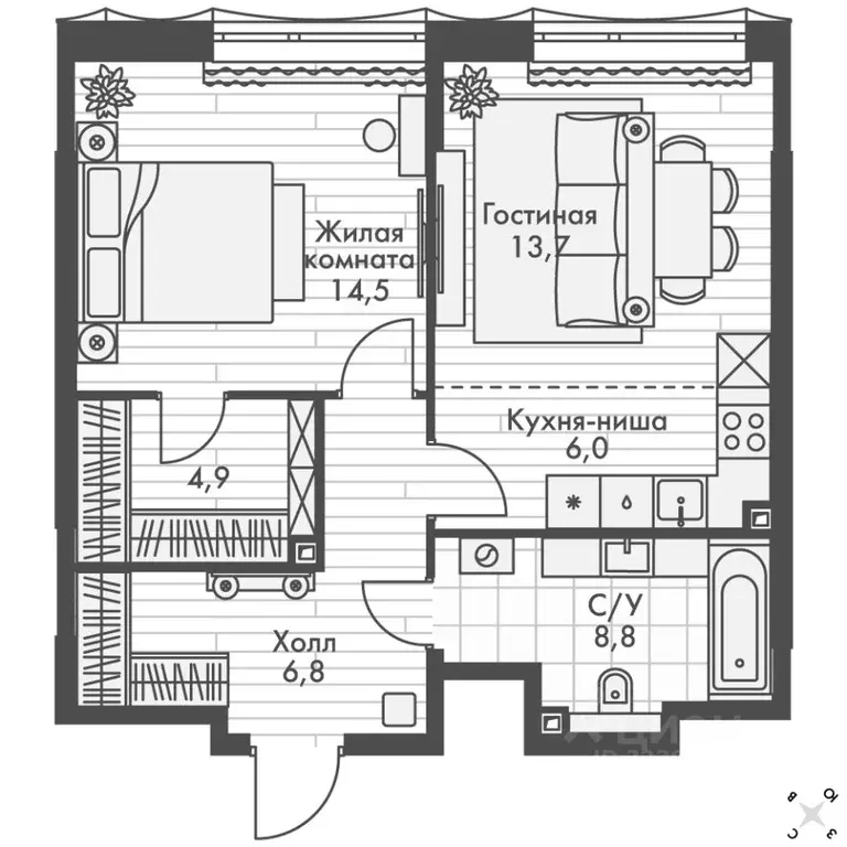 2-к кв. Нижегородская область, Нижний Новгород Черниговская ул. (54.7 ... - Фото 2
