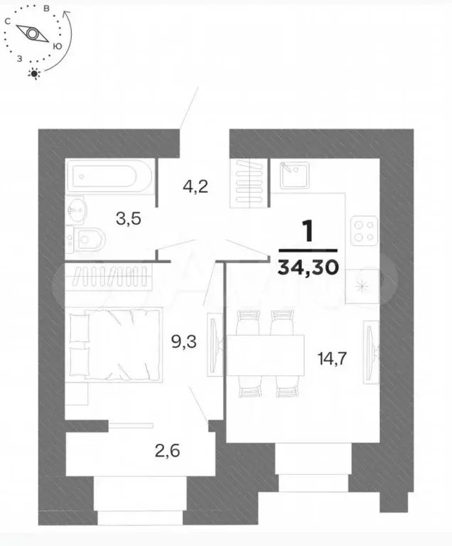 1-к. квартира, 34,3 м, 1/15 эт. - Фото 1