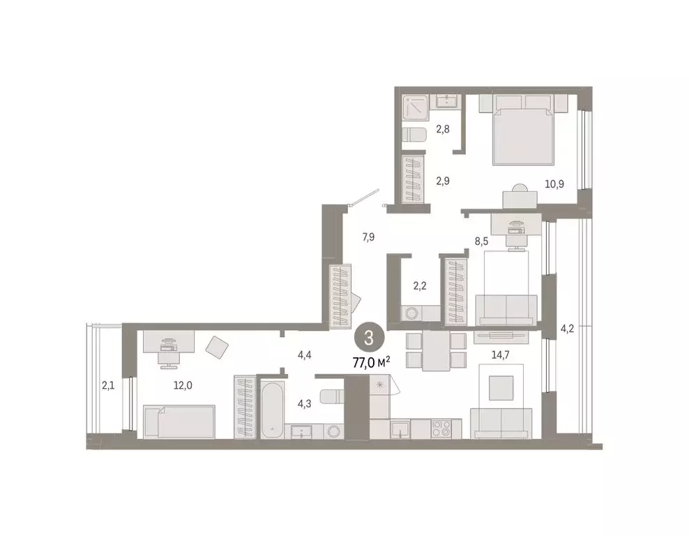 3-комнатная квартира: Тюмень, улица Республики, 205к1 (77 м) - Фото 1