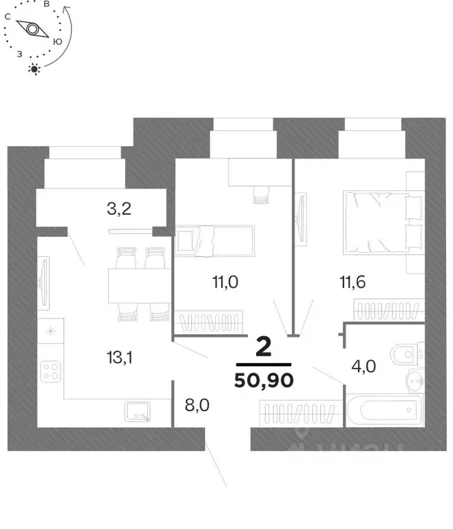 2-к кв. Рязанская область, Рязань Бирюзова Парк жилой комплекс (50.9 ... - Фото 1