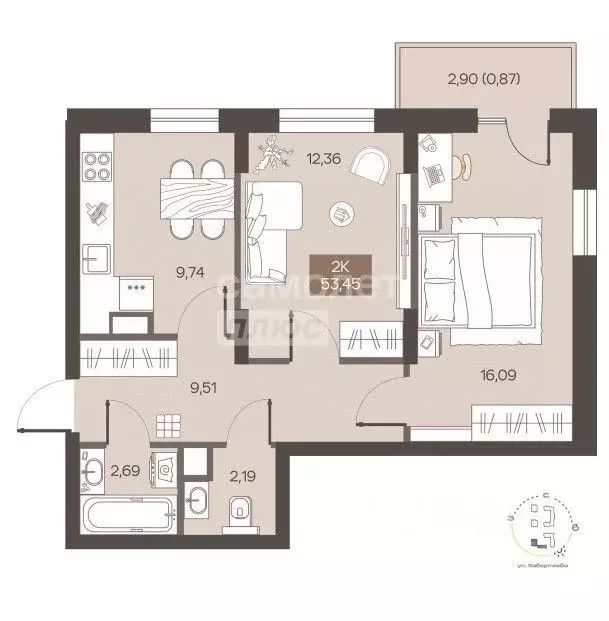 2-к кв. Омская область, Омск ул. Завертяева, 1 (53.45 м) - Фото 1