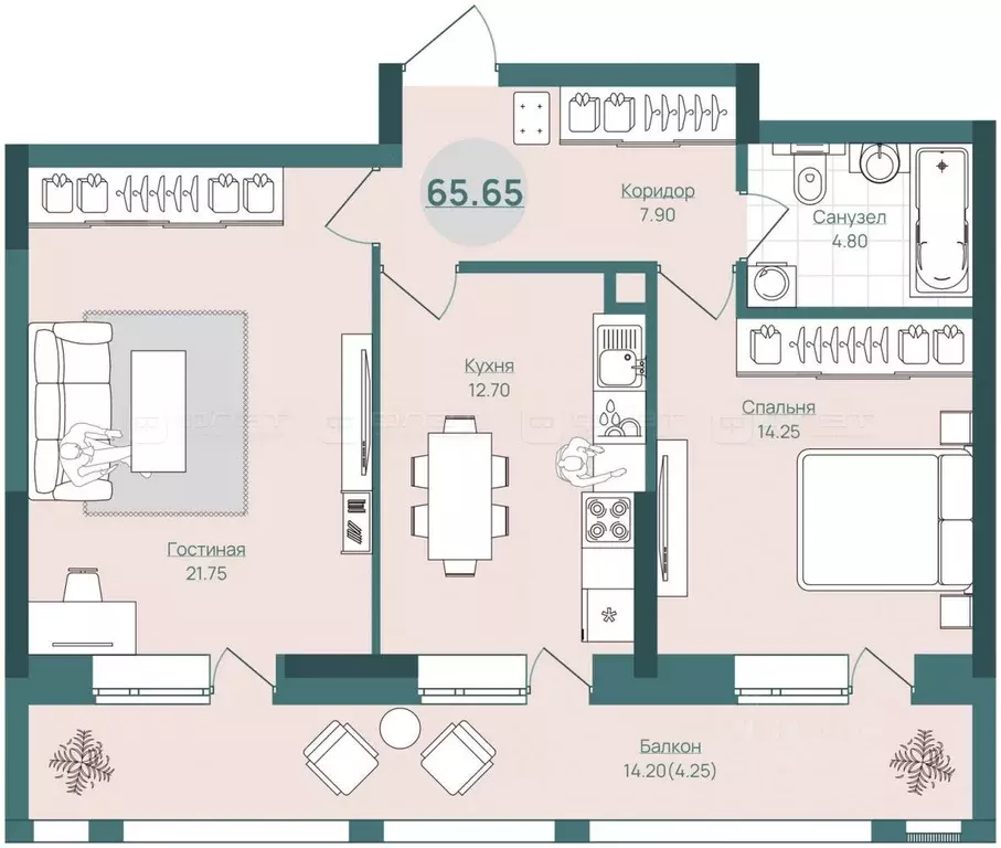 2-к кв. Татарстан, Казань ул. Алексея Козина, 9 (65.6 м) - Фото 2