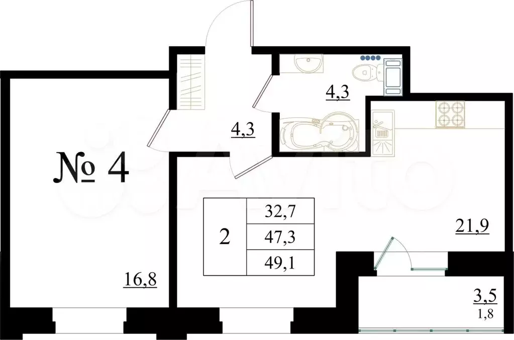 2-к. квартира, 49,1 м, 1/8 эт. - Фото 0