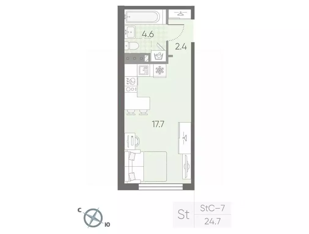 Квартира, студия, 24.7 м - Фото 1