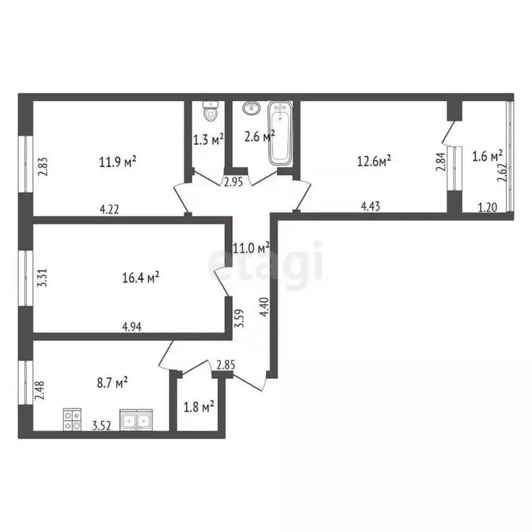 3-к кв. Башкортостан, Стерлитамак ул. Артема, 47 (66.3 м) - Фото 2
