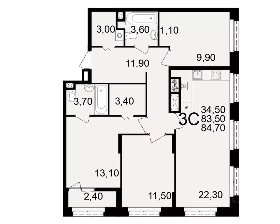 3-к кв. Рязанская область, Рязань ул. Чкалова, 23 (84.7 м) - Фото 1