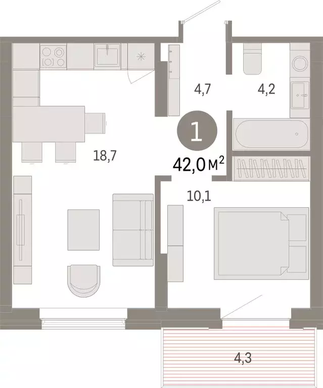 1-комнатная квартира: Омск, Кировский округ (41.98 м) - Фото 1