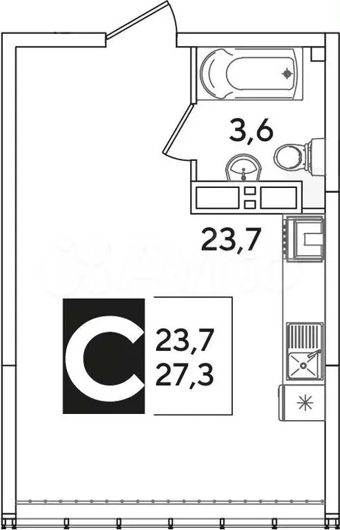 Квартира-студия, 27,3м, 15/16эт. - Фото 1