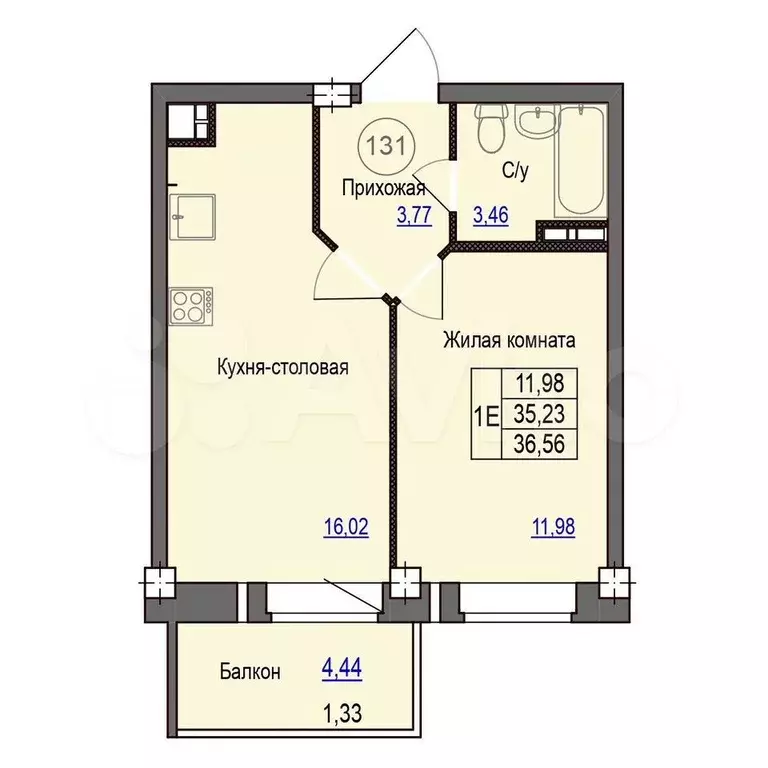 1-к. квартира, 36,6 м, 8/9 эт. - Фото 0