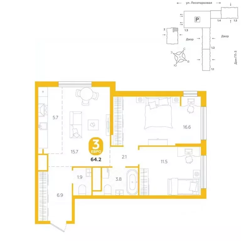 3-к кв. Тюменская область, Тюмень ул. Лесопарковая, 20 (64.2 м) - Фото 1