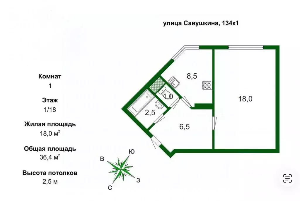 1-к кв. Санкт-Петербург ул. Савушкина, 134К1 (36.4 м) - Фото 2