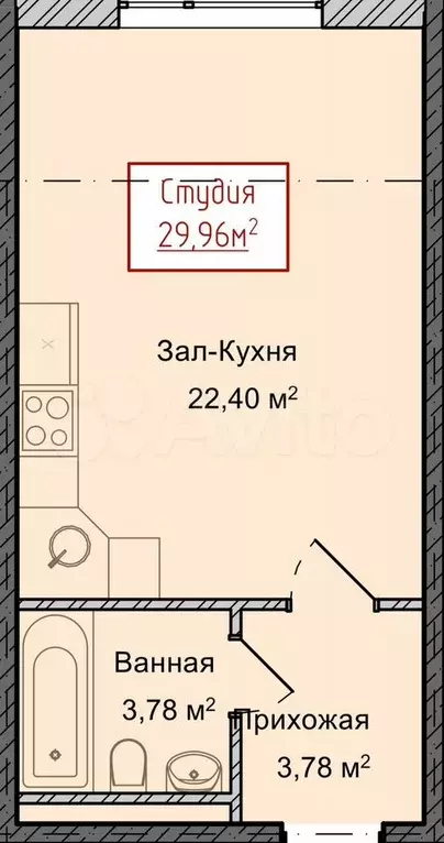 Квартира-студия, 29,9 м, 4/13 эт. - Фото 1