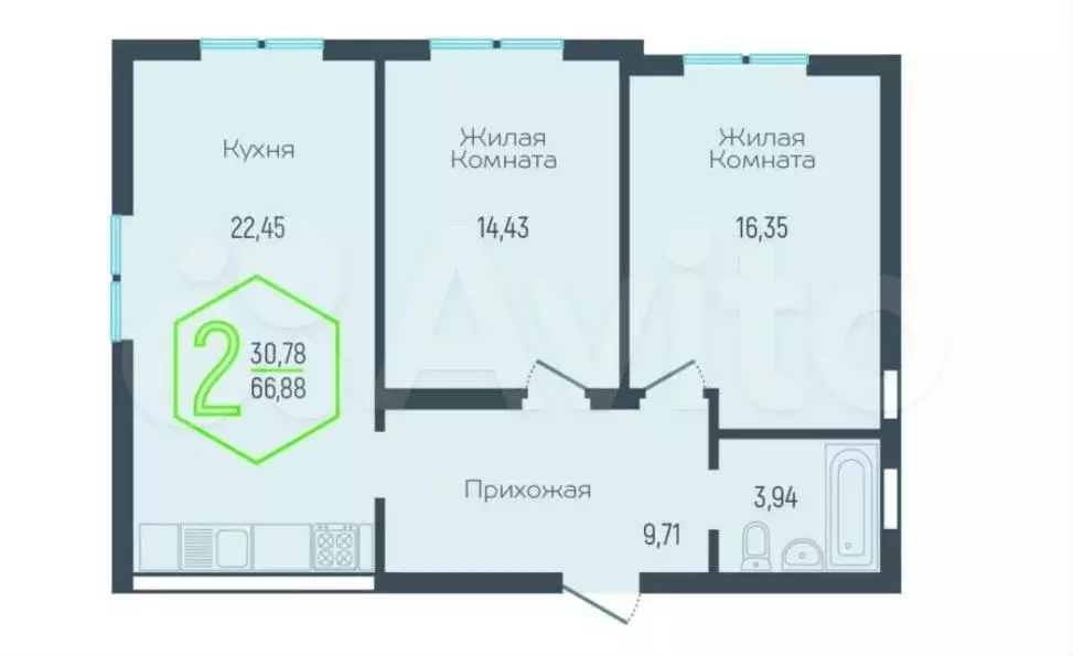 2-к. квартира, 66,9 м, 3/3 эт. - Фото 1