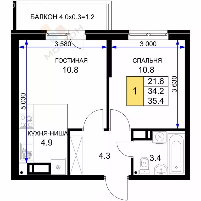 1-комнатная квартира: Краснодар, улица имени Героя Ростовского, 8к3 ... - Фото 0