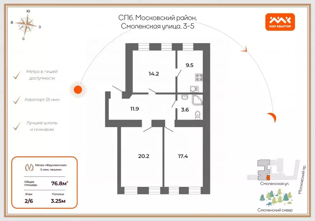 2-к кв. Санкт-Петербург Смоленская ул., 3-5 (76.8 м) - Фото 1