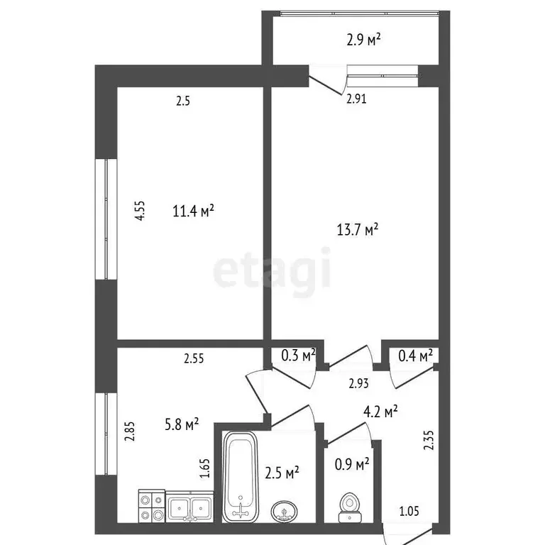 Квартира, 2 комнаты, 39.2 м - Фото 1