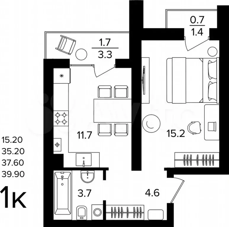 1-к. квартира, 37,6 м, 4/4 эт. - Фото 1