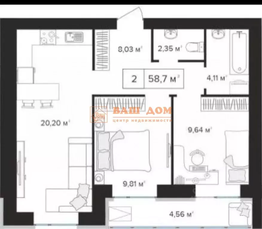 2-к кв. Тульская область, Тула Новомедвенский проезд, 6А (58.7 м) - Фото 2