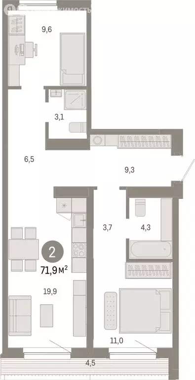 2-комнатная квартира: Новосибирск, Большевистская улица, с49 (71.88 м) - Фото 1