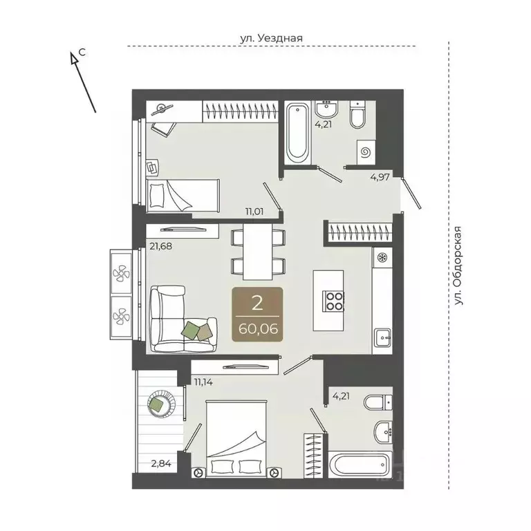 2-к кв. Тюменская область, Тюмень Тюменская Слобода мкр,  (60.06 м) - Фото 0