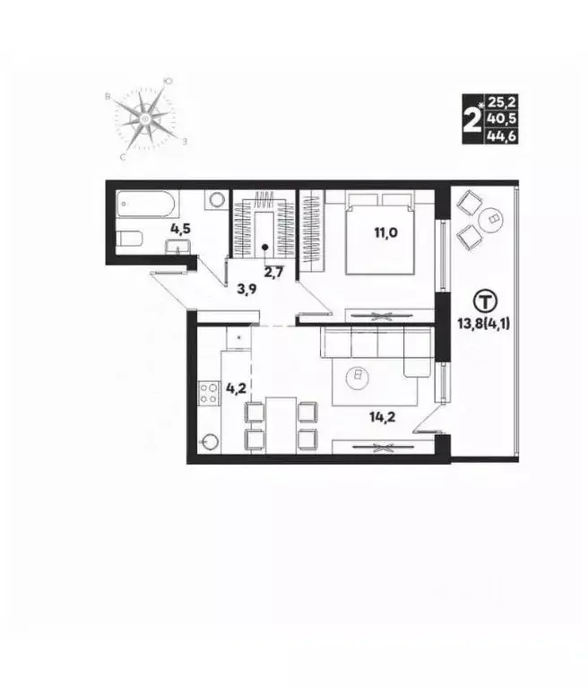 2-к кв. Пермский край, д. Кондратово просп. Дягилева, 2 (44.6 м) - Фото 1