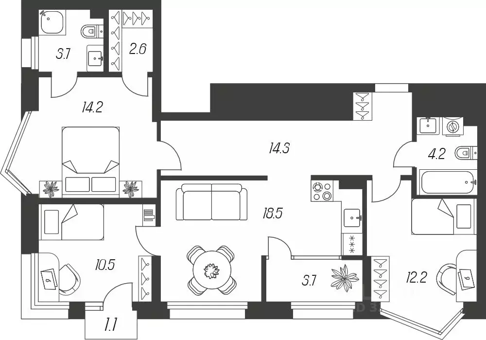 3-к кв. Тульская область, Тула ул. Михеева, 9А (85.0 м) - Фото 1