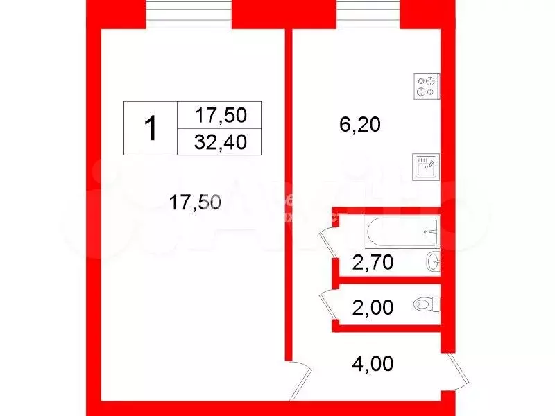 1-к. квартира, 32,4 м, 1/7 эт. - Фото 0