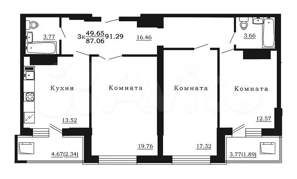 3-к. квартира, 91,3 м, 17/17 эт. - Фото 0