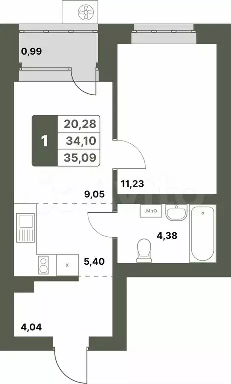 1-к. квартира, 35,1 м, 3/6 эт. - Фото 0