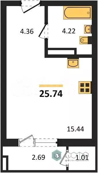 Квартира-студия, 25,7 м, 9/9 эт. - Фото 1