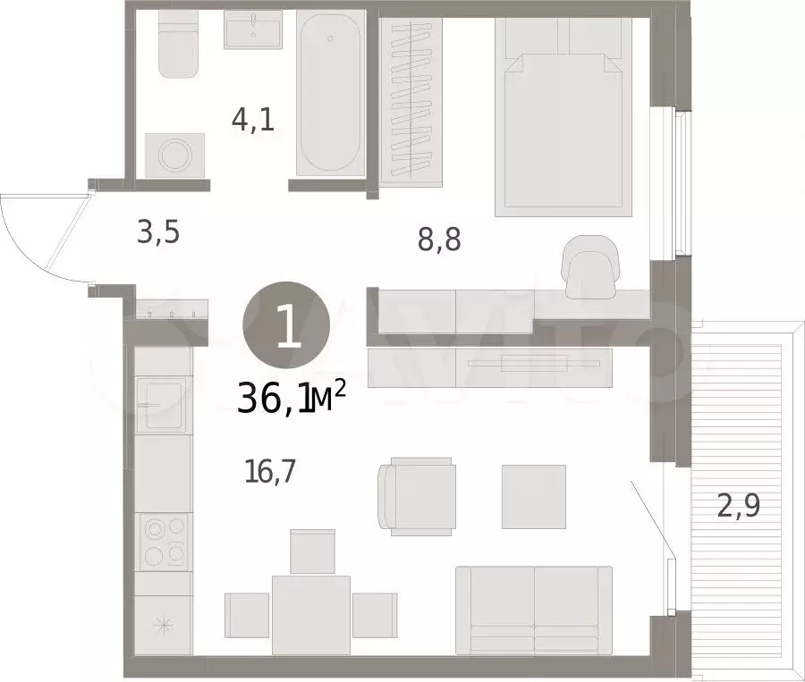 1-к. квартира, 36,1 м, 4/15 эт. - Фото 1