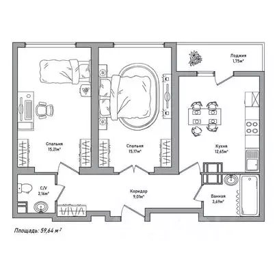 2-к кв. Ярославская область, Ярославль 2-й мкр,  (59.64 м) - Фото 1