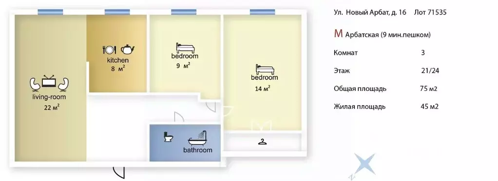 3-к кв. Москва ул. Новый Арбат, 16 (75.0 м) - Фото 2